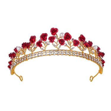Imagem de KRDADELF Tiaras de rosa vermelha para mulheres ouro, cristal pérola aniversário princesa coroa para meninas rosa flor acessórios de fada faixa para cabeça para rainha cosplay festa de casamento formatura Halloween