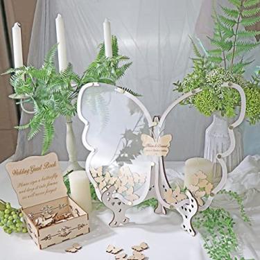 Imagem de Livro de convidados de casamento transparente borboleta caixa de madeira rústica decoração de casamento moldura alternativa livro de convidados