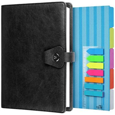 Imagem de Caderno A5, organizador de 6 anéis, organizador de anotações de couro para negócios, caderno diário de capa dura pautado com página divisória e adesivos de índice, preto