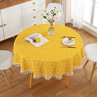 Imagem de JWCN Toalha de mesa redonda de linho de algodão nórdico, amarela, listrada, branca, borla, renda, árvore de Natal, toalha de mesa lavável, 150 cm de diâmetro, atualizada