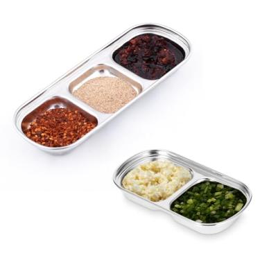 Imagem de plplaaoo Prato de molho de aço inoxidável, prato de molho de soja, prato de molho de assadeira, prato de lanche dividido tigela de molho de alimentos bandeja de cozinha para churrasco casa pratos de cozinha (3 grades)