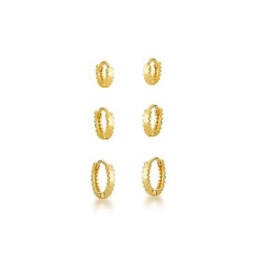Imagem de Kit Com 03 Brincos Argolas Trabalhados Banhados A Ouro 18k