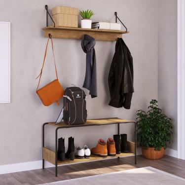 Imagem de Conjunto Prateleira Decorativa com Sapateira banco Industrial Artesano Vermont/Preto