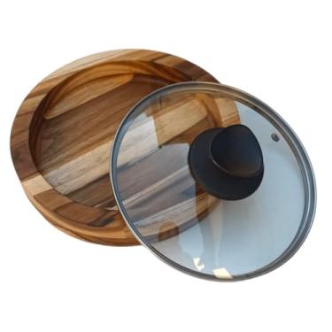 Imagem de Gamela de Madeira Redonda para Churrasco Petisco Tampa de Vidro Temperado Válvula de Vapor Madeira Teca Cozinha Pratos Quentes Gamela Rústica 24cm - La Nacasa
