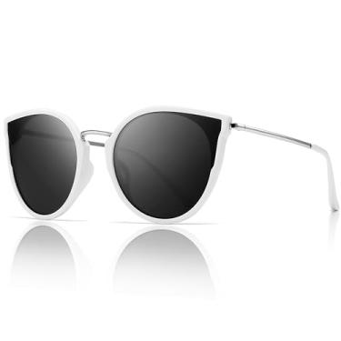 Imagem de SUNGAIT Óculos de sol grandes vintage polarizados olho de gato para mulheres UV400, Armação branca/lente cinza
