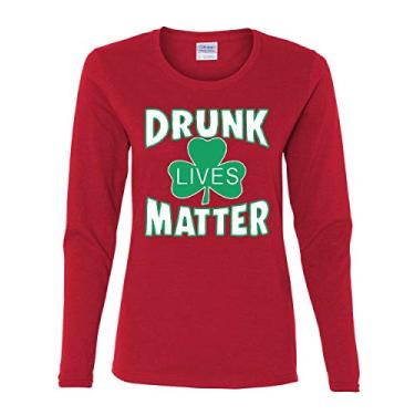 Imagem de Camiseta feminina manga longa Drunk Lives Matter Irish Shamrock Drinking Funny Parody, Vermelho, XG