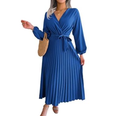 Imagem de Camisa Feminina Surplice Neck Lantern Sleeve Pleated Hem Belted Dress (Color : Royal Blue, Size : M)