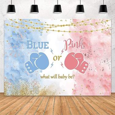 Imagem de MEHOFOND Pano de fundo de chá de bebê de boxe de 2,1 x 1,5 m azul rosa revelação de gênero decoração de festa menino ou menina fundo de fotografia aquarela rosa ou azul ele ou ela gravidez revelar surpresa faixa de festa