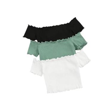 Imagem de SOLY HUX Camiseta feminina com ombro de fora, manga curta, canelada, para o verão, 3 unidades, Preto, verde, branco, 16 Anos