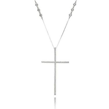 Imagem de Colar Soloyou com Crucifixo Zircônia Cristal 7 cm Corrente 8 Pontos de Luz Semijoia Ródio Branco-Feminino
