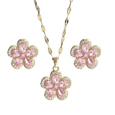 Imagem de Conjunto de joias de colar de flor de zircão delicado - corrente de lábio de aço inoxidável banhado a ouro 18K S925 brincos de prata para mulheres, acessórios de luxo presentes, embalado com caixa,