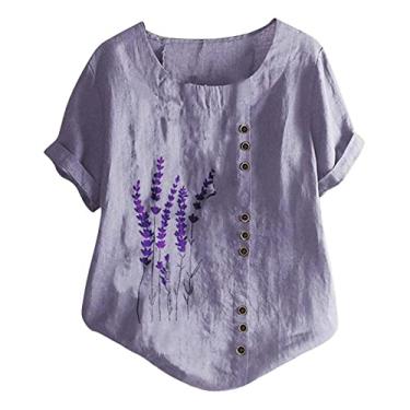 Imagem de Camiseta feminina de verão de linho, estampa floral, blusa de manga curta, gola redonda, caimento solto, camiseta para sair, Roxa, M