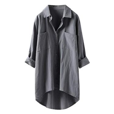 Imagem de Blusa feminina de linho, abotoada, manga comprida, blusas grandes, com colarinho, túnica com bolsos, Cinza, M