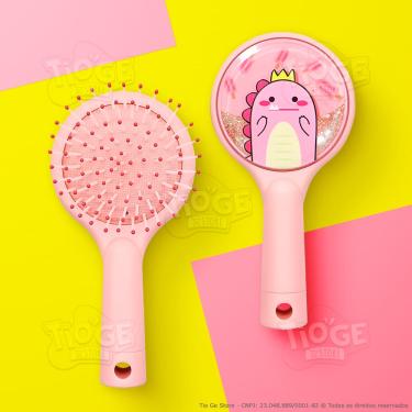 Imagem de Escova de Cabelo Dinossauro Glitter Fofa Infantil Desembaraçante Almofada Cerdas Ultramacias Rosa