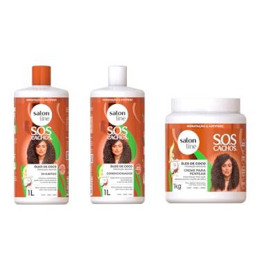 Imagem de Salon Line, SOS Cachos, Kit Óleo de Coco Família com Creme de Pentear e Ativador de Cachos, Somente Shampoo e Condicionador São Veganos - Para Cabelos Ondulados, Cacheados e Crespos, 1 kg e 1 L