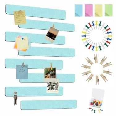 Imagem de Vuzvuv 8 tiras de barra de quadro de avisos com 50 pinos e 10 pinos de clipe de madeira, placa de cortiça autoadesiva para parede, placa de feltro para escola, decoração de escritório (verde menta)