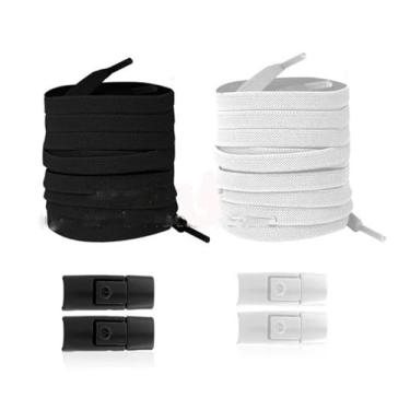 Imagem de 2 Pares De Cadarços Elásticos Para Tênis Com Trava De Pressão, Sem Necessidade De Gravata Para Adultos E Crianças, Cadarços Largos E Planos De Borracha(Black white)