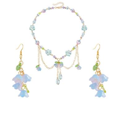 Imagem de Dreuyet Y2K Conjunto de colares de brinco de lírio do vale para mulheres delicado colorido amor contas cordão borla colar doce vale rosa flor folha brincos pendentes noiva casamento primavera verão