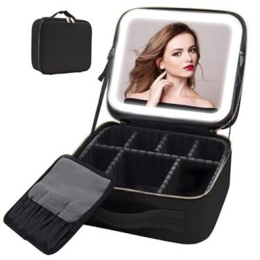 Imagem de Maleta Maquiagem Necessaire Couro Com Espelho Luz Led Usb Makeup (Preto)