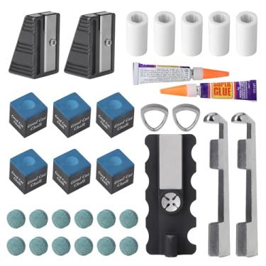 Imagem de Oztwel Kit de reparo de taco de sinuca de 30 peças, 1 ferramenta de reparo de pontas de taco de sinuca 5 em 1, 2 grampos de ponta para tacos de sinuca, 12 pontas de taco de bilhar, 5 virolas, 6 cubos