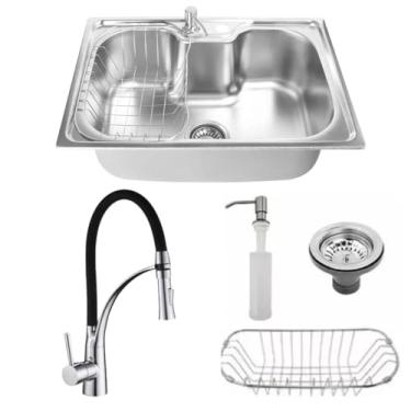 Imagem de Kit Cuba Gourmet Simples em Aço Inox, Torneira Misturador Monocomando Flexível com Mangueira de Silicone Preta