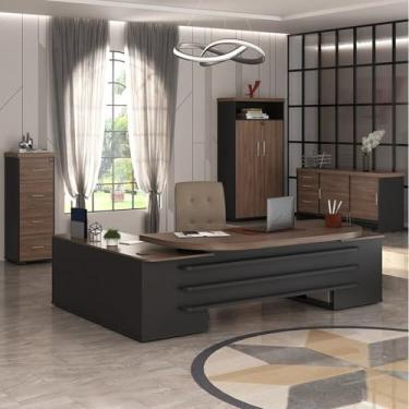 Imagem de Kit 4 Peças com Mesa Diretor em L, Gaveteiro, Balcão e Armário Alto em Tamburato Charuto/Preto