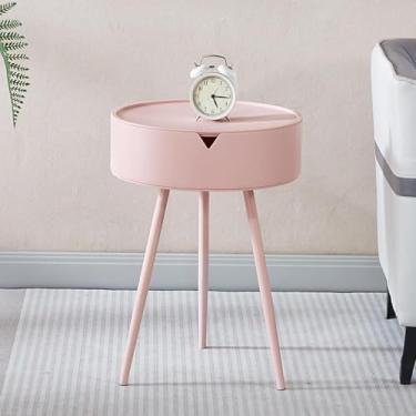 Imagem de Mesa de canto redonda com gaveta, mesa lateral de café para sala de estar, bandeja removível de plástico, pernas de aço, fácil de instalar