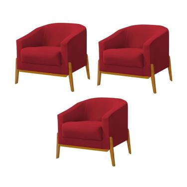 Imagem de Kit 3 Poltronas Living Base em Madeira Maciça Flórida Veludo Vermelho
