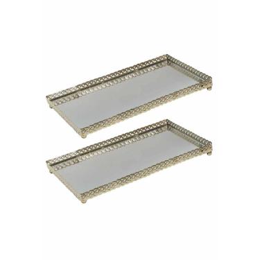 Imagem de Kit 2 Bandeja Metal com Espelho Lavabo Banheiro 26cm Dourado