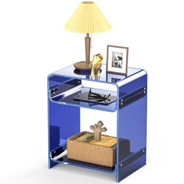 Imagem de Mesa de canto de acrílico com prateleira de armazenamento, mesa lateral transparente (azul escuro)