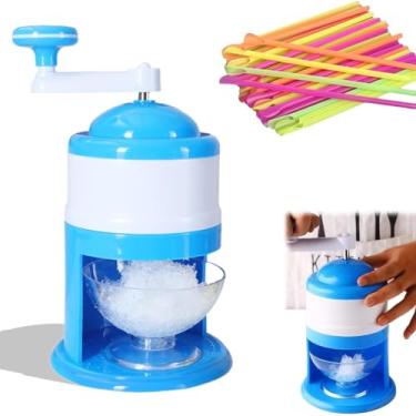 Imagem de Máquina de gelo raspado manual máquina de cone de neve para casa máquina de gelo raspado com 50 canudos, máquina de gelo portátil gelo triturado para piquenique ao ar livre # azul e branco