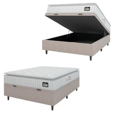 Imagem de Cama Box Baú Casal Colchão Espuma D45 Lazio Pillow Top 138x188x65cm Suede Branco/Bege Hellen – Suporta Até 150 Kg Por Pessoa