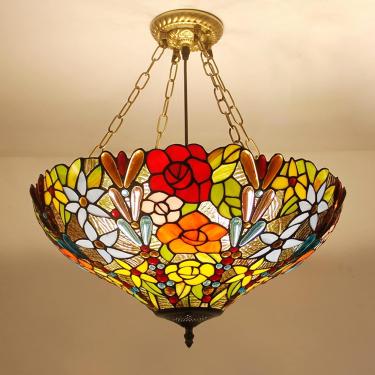Imagem de Lustre estilo Tiffany de 20 polegadas, luminária pendente vintage feita à mão com vitral, teto LED E27 ajustável em altura para sala de estar, quarto, decoração de sala de jantar, A