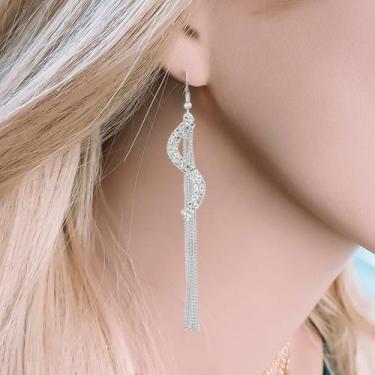 Imagem de Brinco Feminino Strass Longo Pedra Delicado Franja S Pratead - anjo da