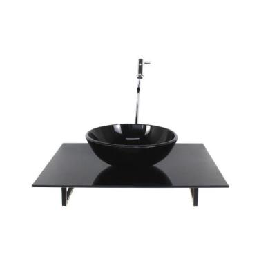 Imagem de Kit cuba de vidro redonda com tampo 60cm preto full e suporte torneira