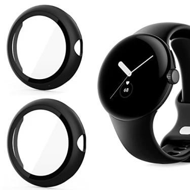 Imagem de Capa compatível com Google Pixel Watch, capa protetora rígida de policarbonato Lamshaw com protetor de tela de vidro temperado compatível com o relógio Google Pixel (pacote com 2, preto + preto)