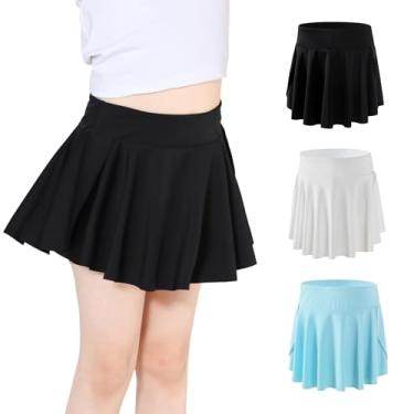 Imagem de Hvididan Saias atléticas para tênis, golfe, short rodado borboleta para crianças, shorts com bolso, Pacote com 3 (branco + preto + azul claro), 13-14 Anos