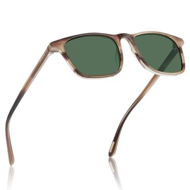 Imagem de AVAWAY Óculos de sol masculinos polarizados, armação de acetato, leve, proteção UV400, óculos de sol para dirigir, pescar, esportes ao ar livre, Armação listrada marrom amarela A3 e lente verde, Large