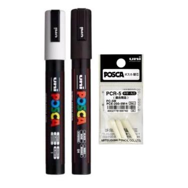 Imagem de Kit 2 Posca PC-5M Cor Branca e Preta + Refil - Uni-Ball