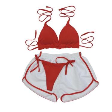Imagem de Conjunto Biquíni Com Bojo Cortininha  Vermelho + Shorts - Gringas Mode