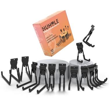 Imagem de HUHOLE Acessórios de ripas de madeira, 12 peças, pretos, ganchos de ripas de vários tamanhos, ganchos utilitários resistentes para armazenamento de garagem