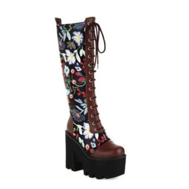 Imagem de Rock88 Botas de cano alto plataforma com estampa floral, calçado feminino estilo urbano com salto grosso, botas com zíper lateral para festa, Marrom, 43