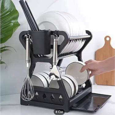 Imagem de Escorredor de Louça Desmontável e Multifuncional em Plástico ABS, Preto, com Porta Talheres e Bandeja Coletora - Compacto e Prático.