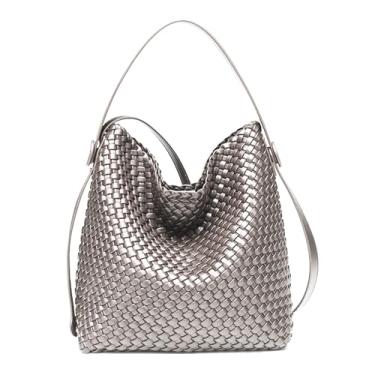 Imagem de DSGUTWO Sacola de tecido feminina de couro vegano, bolsa de mão com alça superior e bolsas, Prata antiga