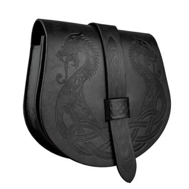 Imagem de Bolsa de cinto Viking em relevo Langskip, bolsa de couro sintético medieval com aba lateral, bolsa de cinto portátil retrô (preto A)