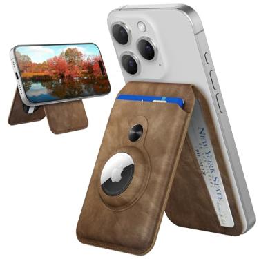 Imagem de HARRYFIT Carteira magnética para iPhone, suporte de carteira Magsafe com suporte para AirTag, suporte ajustável para iPhone 15/14/13/12, 3 porta-cartões, couro vegano, bloqueio de RFID (PRO, marrom),