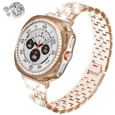 Imagem de SPINYE Pulseiras de relógio compatíveis com Samsung Galaxy Watch 7 Ultra (47 mm), pulseira de metal brilhante de strass brilhante de 20 mm com capa protetora de substituição para mulheres e homens (47