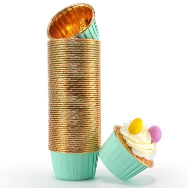 Imagem de TRUSBER Forros de cupcake de folha verde e dourada, 100 peças de forros de muffin descartáveis de 100 ml, embalagens para assar, caixas de papel de muffin metálico, copos de cozimento