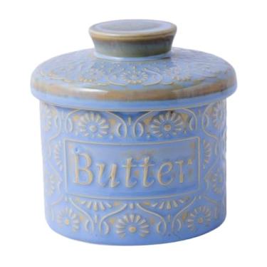 Imagem de YWJLQH Manteiga francesa crock com tampa recipiente decoração de casa presente de inauguração cerâmica manteiga keeper para cozinha doméstica café, Azul