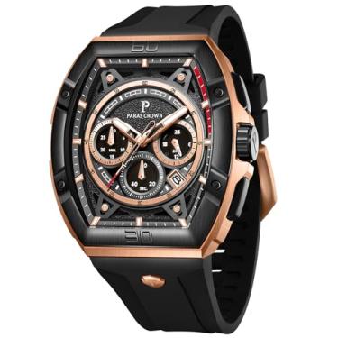 Imagem de Relógio masculino Paras Crown Tonneau à prova d'água, cronógrafo de luxo, analógico, data, quartzo com pulseira de silicone, Ouro rosa, preto, Cronógrafo